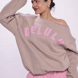 Delulu Beige Off Shoulder Sweatshirt