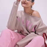 Delulu Beige Off Shoulder Sweatshirt