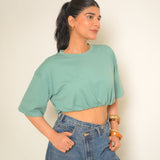 Green Elastic Waist Oversized Crop Tee