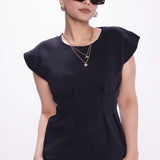 Black Puff Shoulder Waisted Top