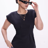 Black Puff Shoulder Waisted Top