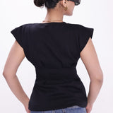 Black Puff Shoulder Waisted Top